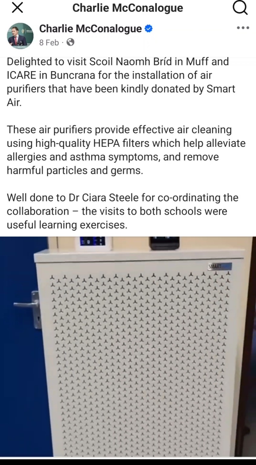 Donegal school HEPA filtration announcement