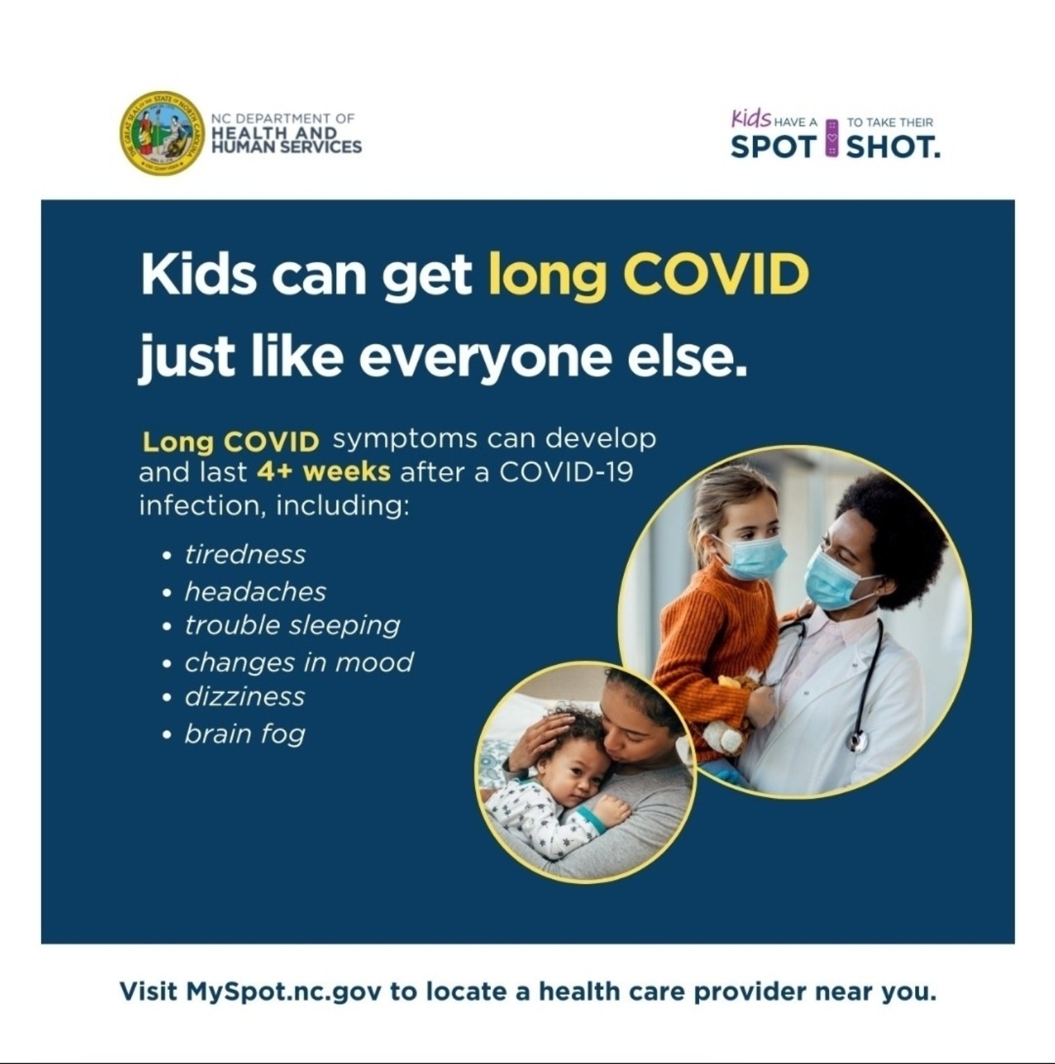 Public-health graphic stating children can get Long COVID