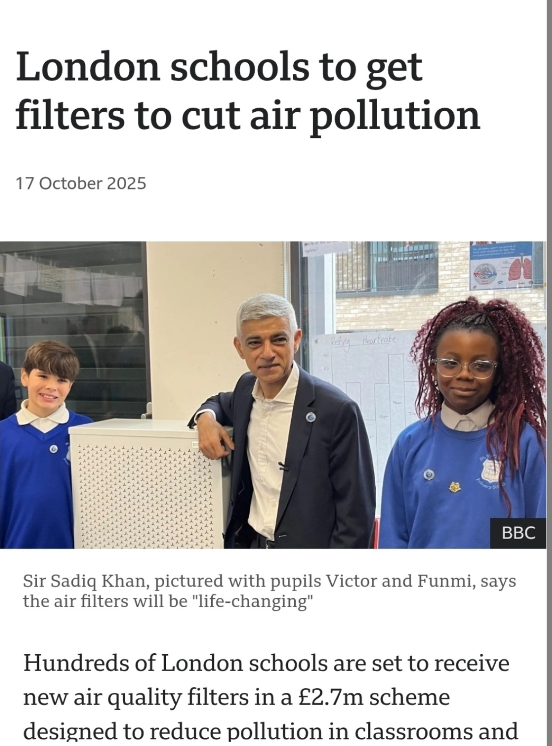 BBC report: London schools to get filters to cut air pollution