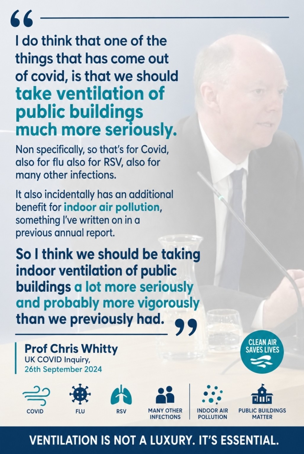 Prof Chris Whitty speaking at the UK COVID Inquiry about taking ventilation in public buildings more seriously.