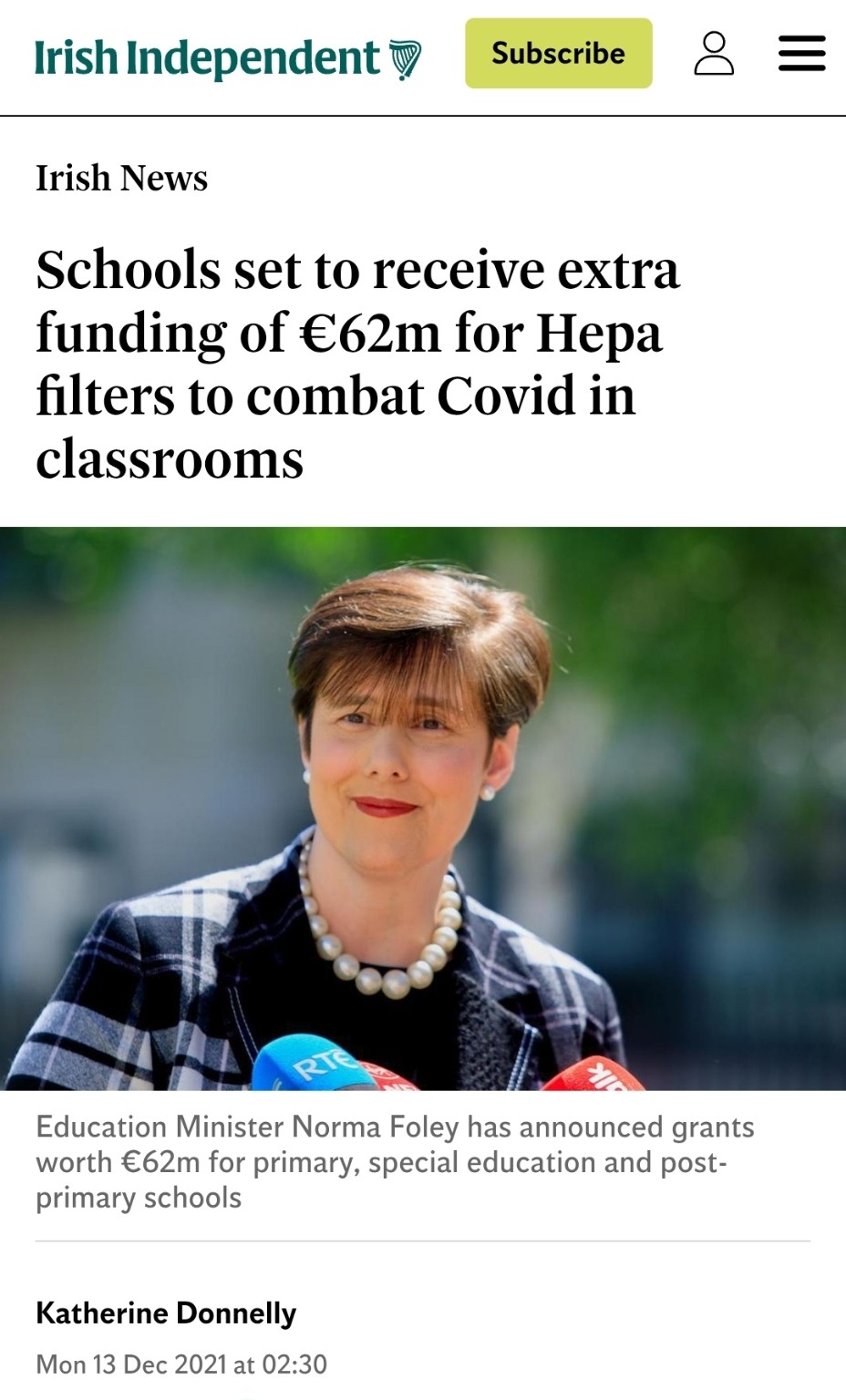 Irish Independent headline about €62m funding for HEPA filters in schools