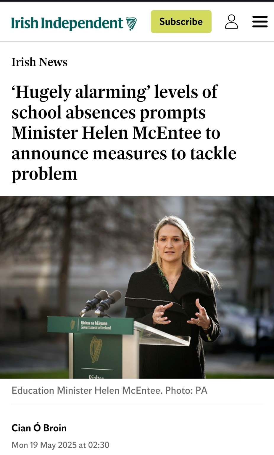 Irish Independent headline about hugely alarming school absences