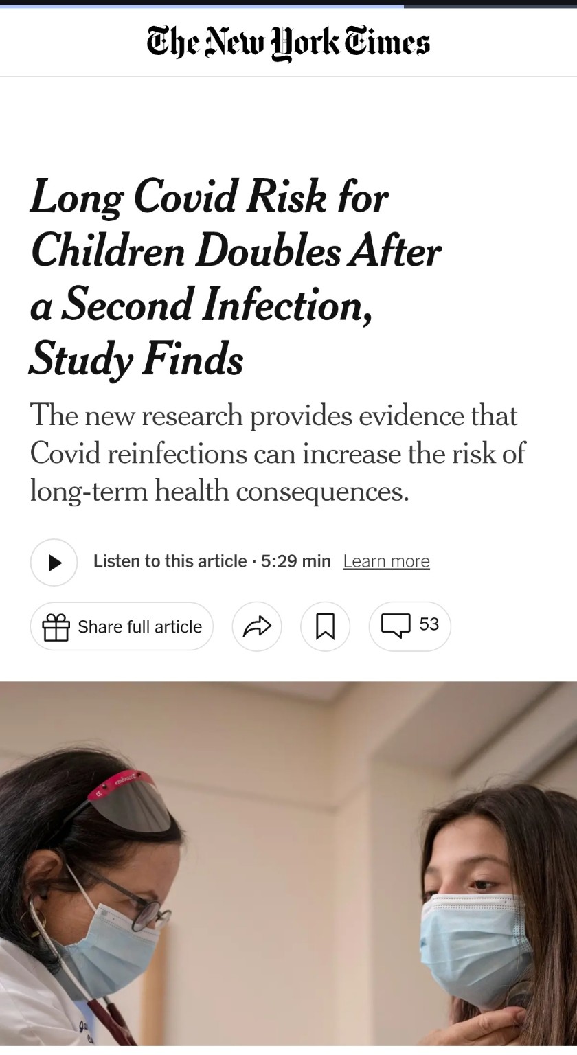 New York Times headline: Long Covid Risk for Children Doubles After a Second Infection, Study Finds