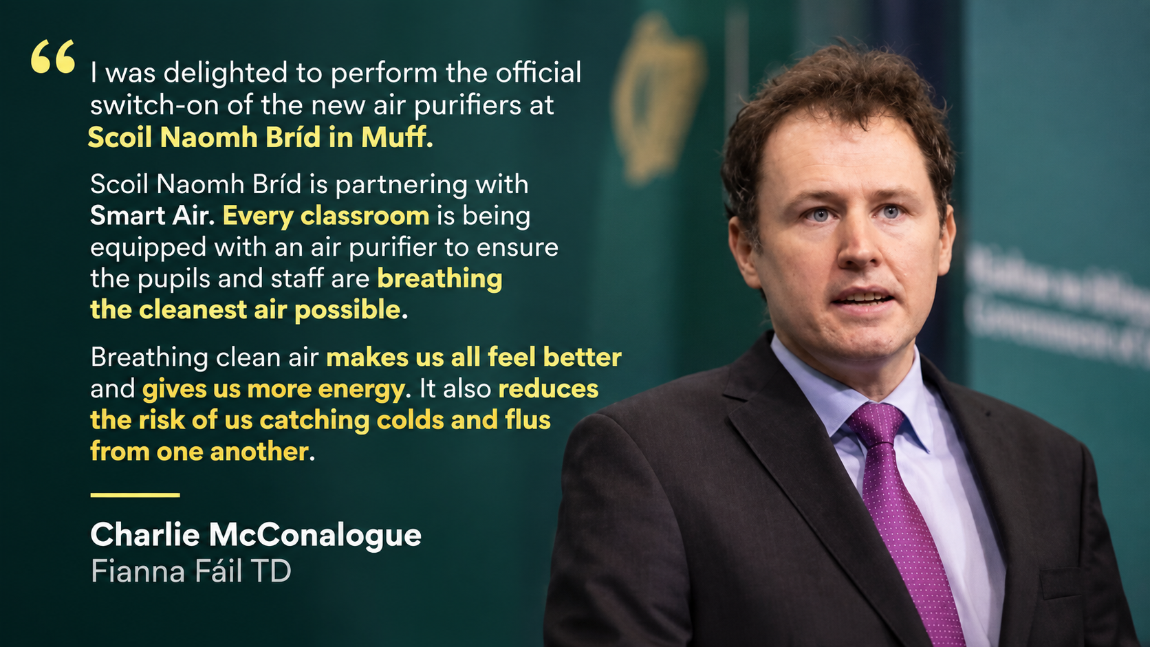 Charlie McConalogue quote about Smart Air purifiers at Scoil Naomh Bríd in Muff