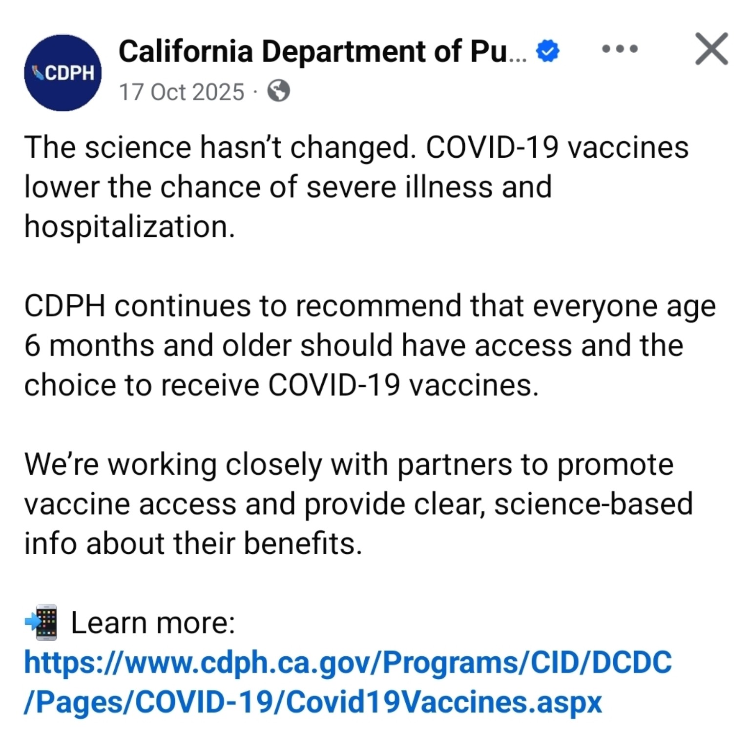 California Department of Public Health — 17 October 2025